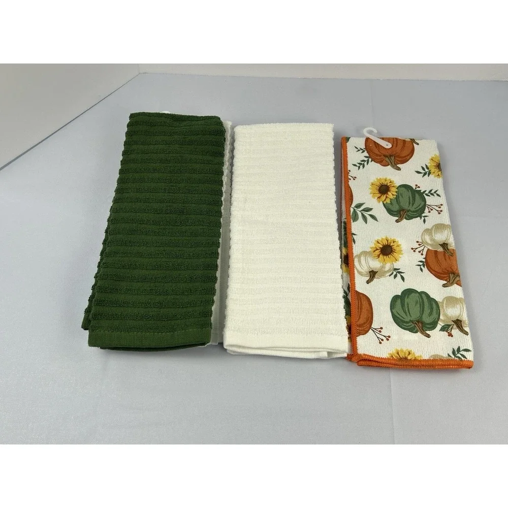 4 Pc Fall Kitchen Towel Set Pumpkin Spice Dog Sunflower Cotton Harvest